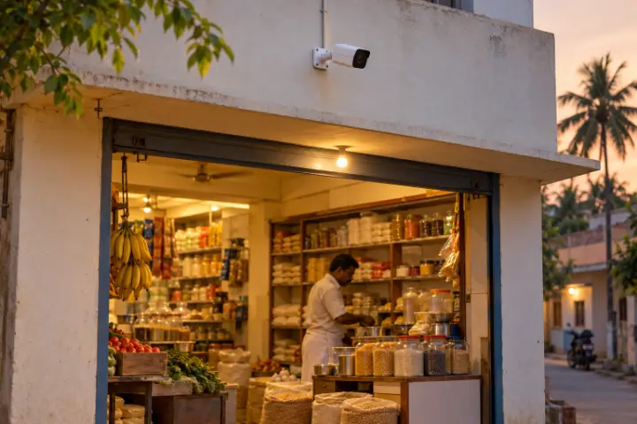 A CCTV camera above the entrance of a neighbourhood shop