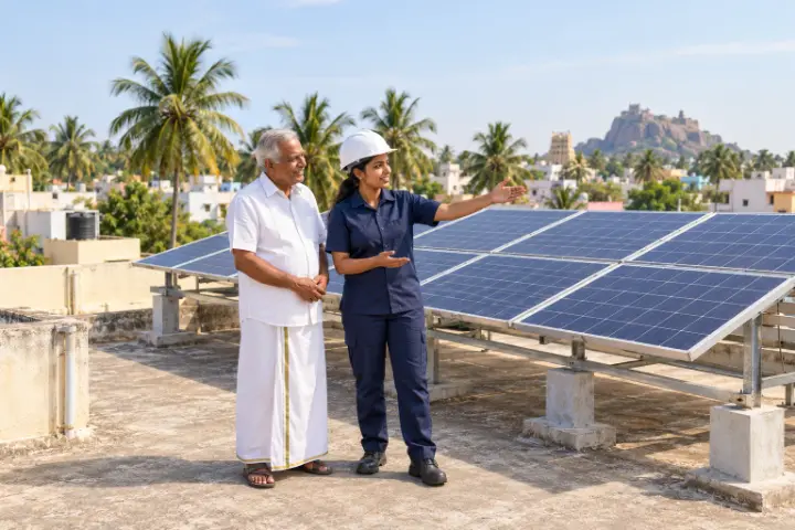 A technician explaining a rooftop solar system to a homeowner